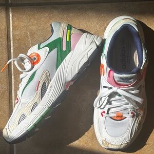 Adidas White Sneakers with Green and Pink Accents